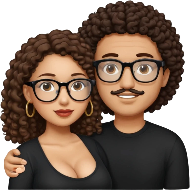 A mixed girl with rectangle glasses, the girl is wearing a black shirt, the girl has brown curly hair  and the girl has big boobs. A Mexican man is embracing her, with black bald hair  emoji