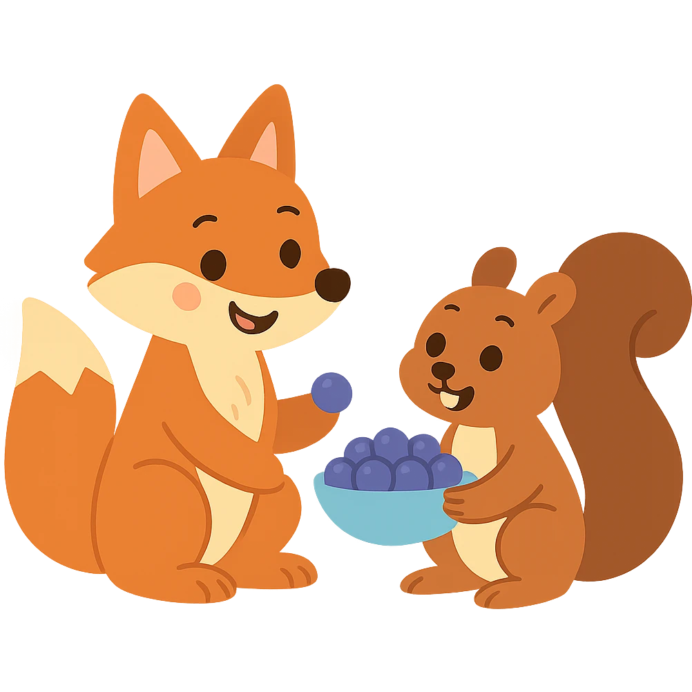 a fox and squirrel sharing berries, forest friendship scene emoji