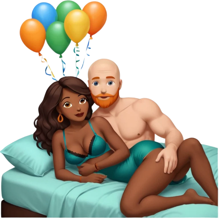 Muscular Bald white male has a orange beard, blue eyes kissing curvy voluptuous African American dark brown woman wearing long brown black hair and dark green lingerie

Laying in bed with chocolate birthday cake and balloons  emoji