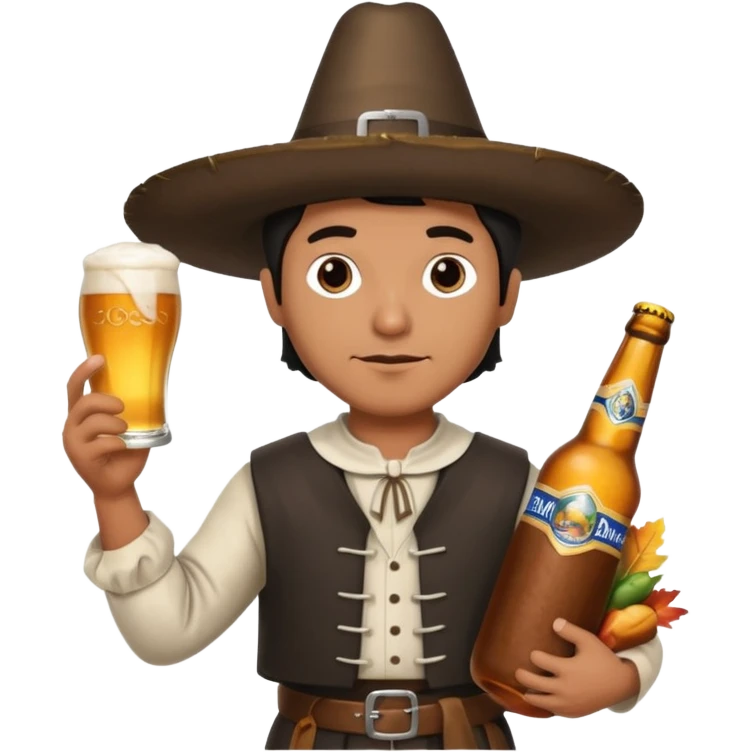 Mexican man dressesd as a Thanksgiving Pilgrim  holding a Turkey drumstick and a Corona beer emoji
