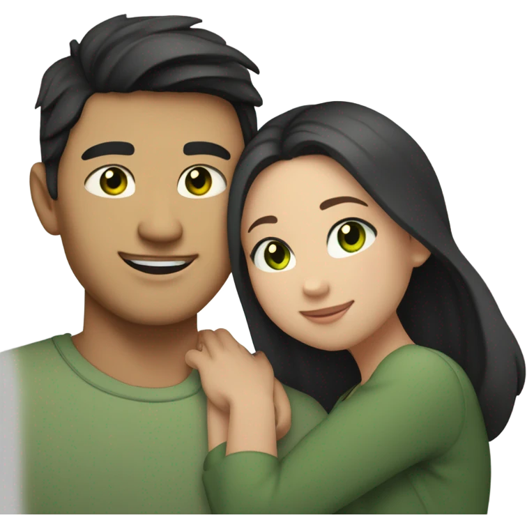 Light skin Asian male with undercut straight black hair and white female with green eyes and long brown wavy hair tightly hugging each other  emoji