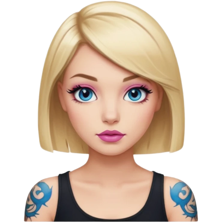 Woman, Blonde hair Medium blunt bob, blue eyes, smokey eyes with doe lashes, pink lips, tattoo on arms, wearing black emoji