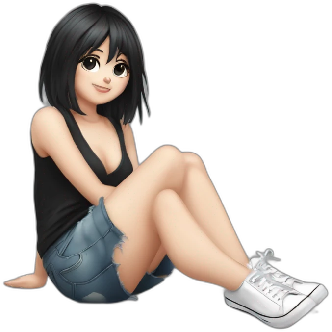 Full body curvy emo girl sits on the floor черная юбка белые трусики рваные полосатые чулки emoji