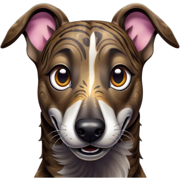 Cinematic Comical Brindle Greyhound Portrait Emoji, Head tilted dramatically with an exaggeratedly amused expression, featuring a striking brindle Fur with bold patterns, wide, expressive eyes filled with playful disbelief, Simplified yet hilariously expressive features, highly detailed, glowing with a slightly sassy glow, high shine, dramatic yet playful, stylized with an air of cheeky mischief, bright and endearing, soft glowing outline, capturing the essence of a spirited and over-the-top racer, so meme-worthy it feels like it could side-eye its way into internet fame instantly! emoji