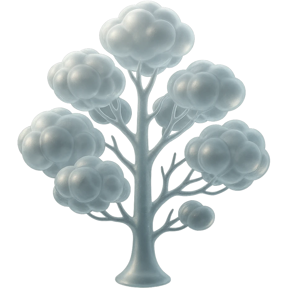 one tree with many branches and a white trunk, crown made of small very bright white fluffy convex clouds, matte glass style emoji