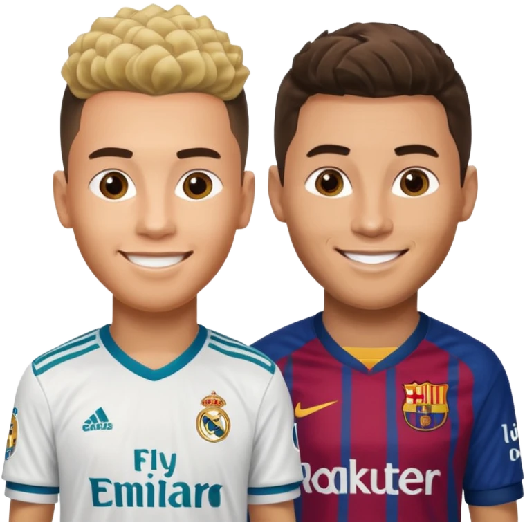 Prime noodle hair ronaldo and prime 2012 messi Smiling in one Photo and make it realistic Ronaldo wearing Number 7 With Madrid and Messi wearing number 10 with barca  emoji