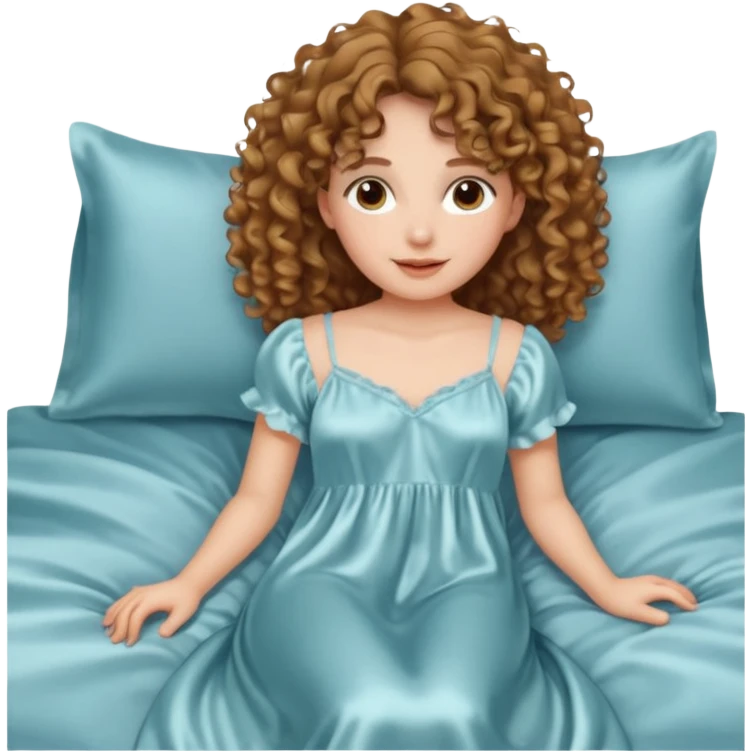 یه دختر مو فرفری با موهای موج دار که یه لباس خواب کرومی تنشه و خوبیده تو تختش emoji