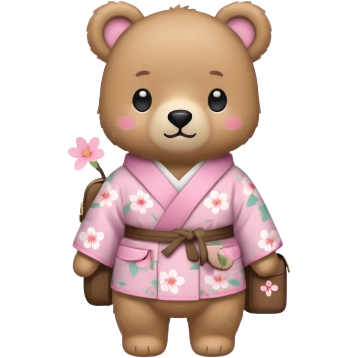 A cute light-brown bear wearing a pastel pink sakura-patterned kimono, normal balanced body ratio.  
Wearing a small backpack on the back, one paw holding the strap, ready to go outside.  
Kawaii emoji style, minimalistic clean sticker illustration, white background. emoji