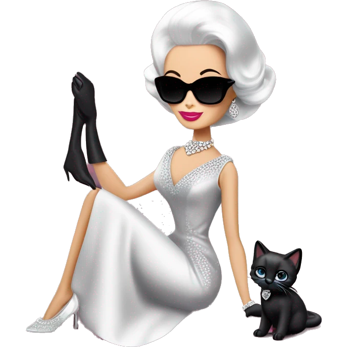 White Diamonds Elizabeth Taylor Barbie. Morticia Addams.Satin dress, opera gloves,pumps, bracelet, earrings, sunglasses Cuddling up with Slippers the kitten. emoji