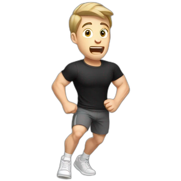 amazed Open with surprise mouth Pale skinned Fit Man With the biceps and dark brown hair in black shirt, gray sports shorts and white Sneakers emoji