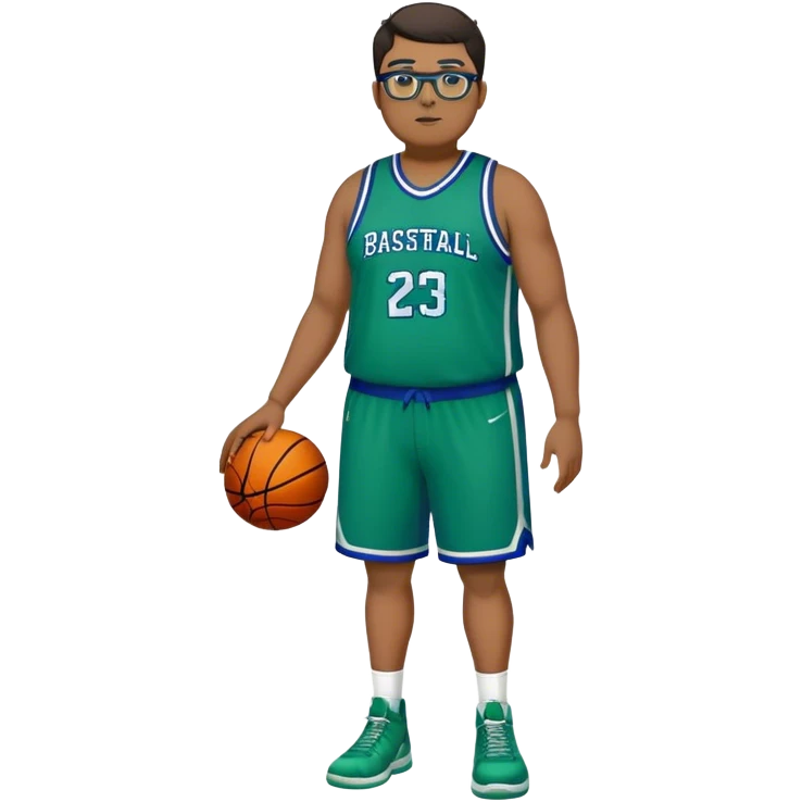 Full Body plus size tall white male with dark short hair basketball player wearing glasses wearing blue  with green uniform emoji