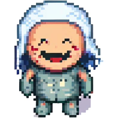 a cartoon figure with visible cracks or bandages, laughing, pixel art style emoji