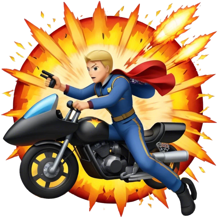 Icon for Action Movies: A photorealistic, vibrant collage in the style of a movie poster, featuring intense action scenes—explosions, high-speed chases, and dramatic close-ups of characters in combat. The design should capture the adrenaline-pumping energy of action films. Transparent background. emoji