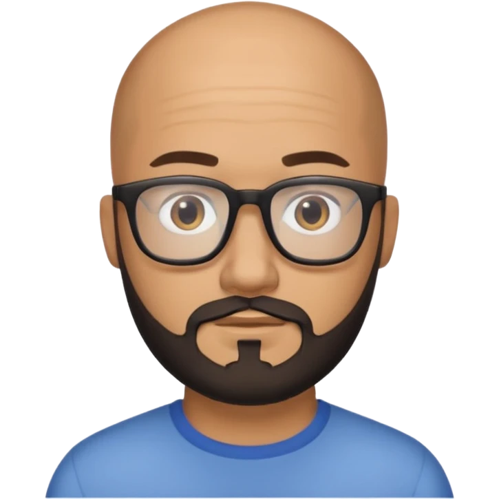 Homem com 30 anos careca com barba PRETA aparada e com óculos emoji
