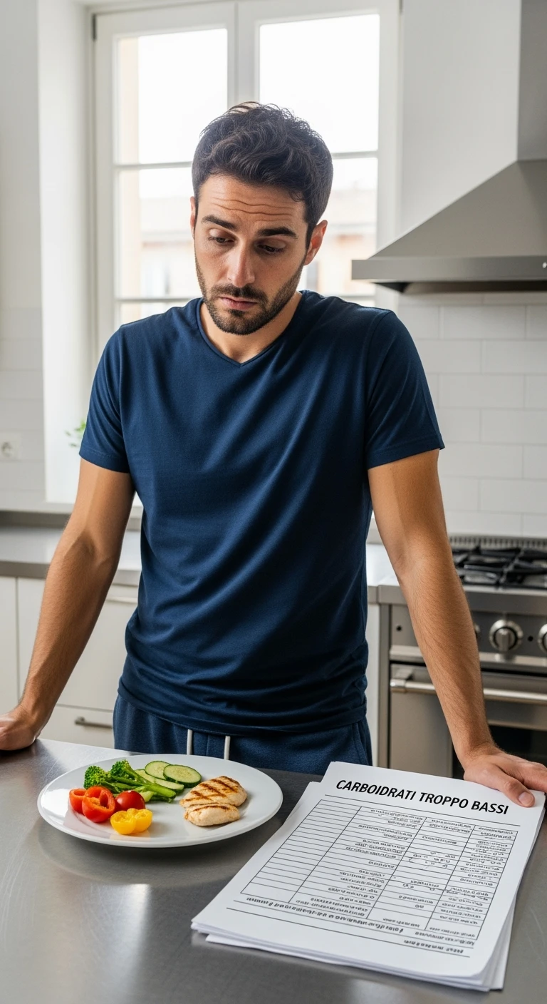 Uomo sui 35 anni in cucina, con espressione affaticata e spenta, guarda un piatto con pochissimi carboidrati (solo qualche verdura e proteine). Accanto a lui, fogli con una dieta rigida e una scritta visibile: 'Carboidrati troppo bassi'. emoji