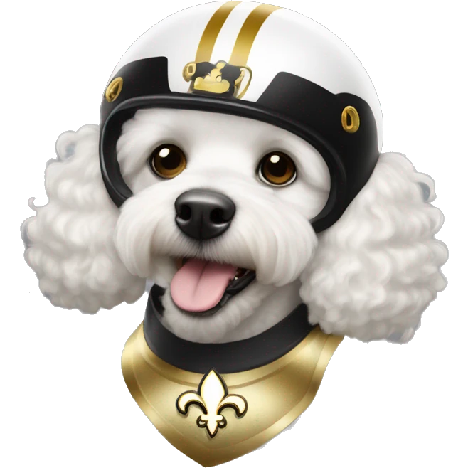 White poodle wearing a black football helmet with gold stripe and gold fleur de lis emblem emoji