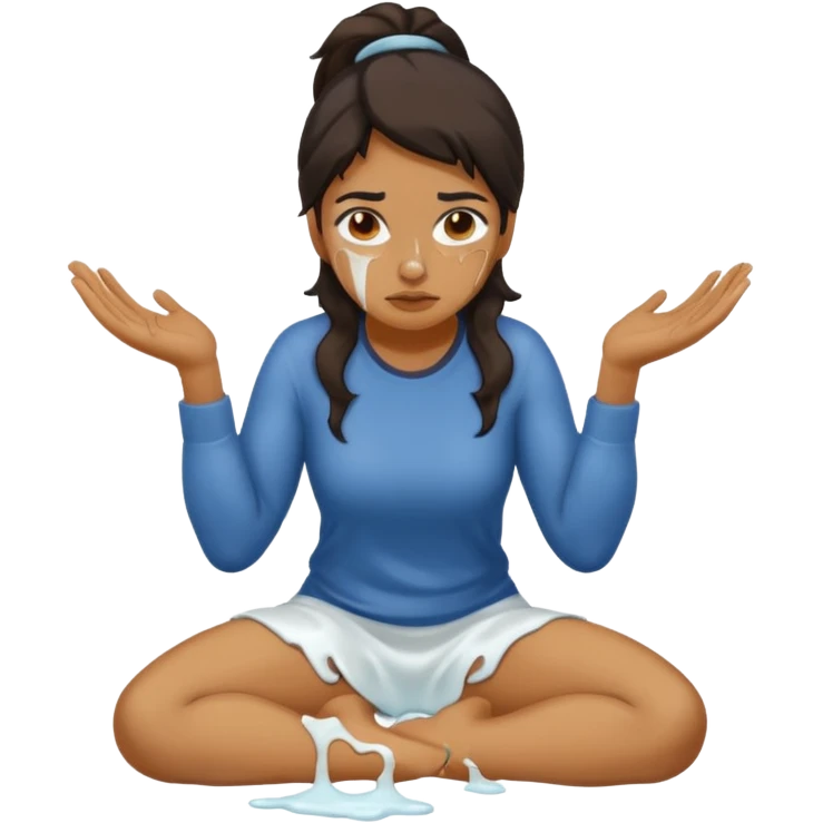 Kneeling Hispanic woman with sticky white liquid on face emoji