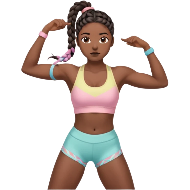 Athletic woman mid upper-body stretch, lean toned physique, defined legs and core, wearing a pastel sports bra and high-waisted patterned workout shorts, dark hair in two braids, focused expression, natural lighting emoji