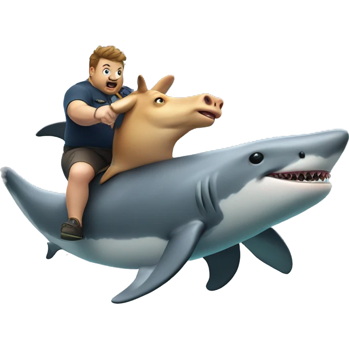 a massively fat cow riding a dolphin running from a shark emoji