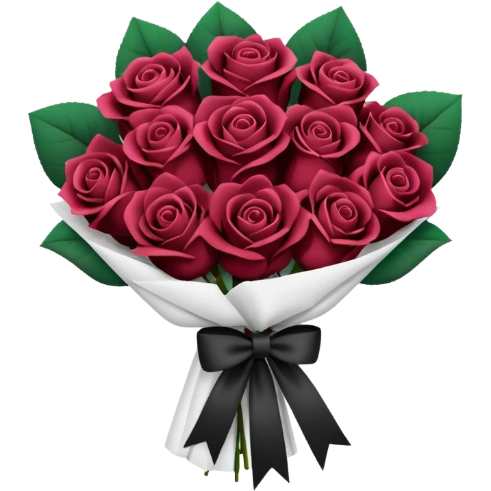 Maroon rose bouquet wrapped in white paper and black bow emoji
