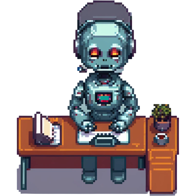cute recruiter robot at a desk, headset on, typing on a laptop, 8-bit pixel art style emoji