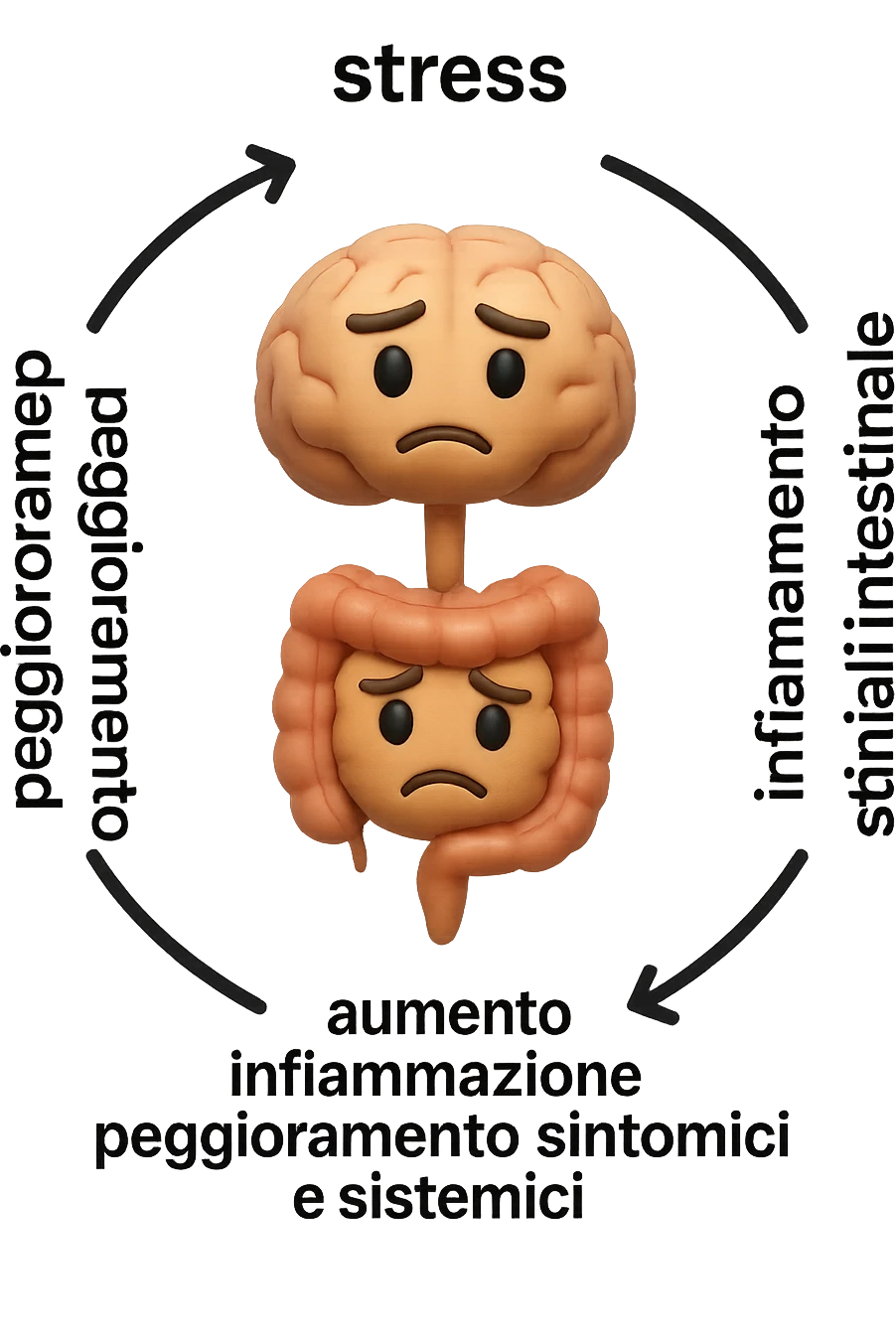 EMOJI STILE IPHONE 3D DI un cerchio con queste scritte che girano intorno "stress → peggioramento intestinale → aumento infiammazione → peggioramento sintomi intestinali e sistemici." al centro del cerchio metti un cervello e intestino umani collegati verticalmente con espressione dubbiosa in volto, FALLO MOLTO REALISTICO IN 3D emoji