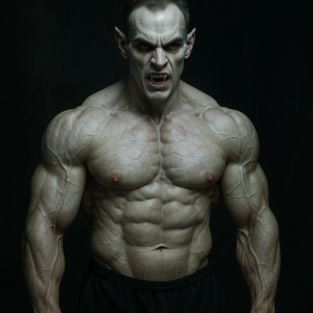 realistic image of a muscular bodybuilder with vampire appearance, inspired by trenbolone use, pale skin, intense eyes, dark atmosphere, realistic details emoji