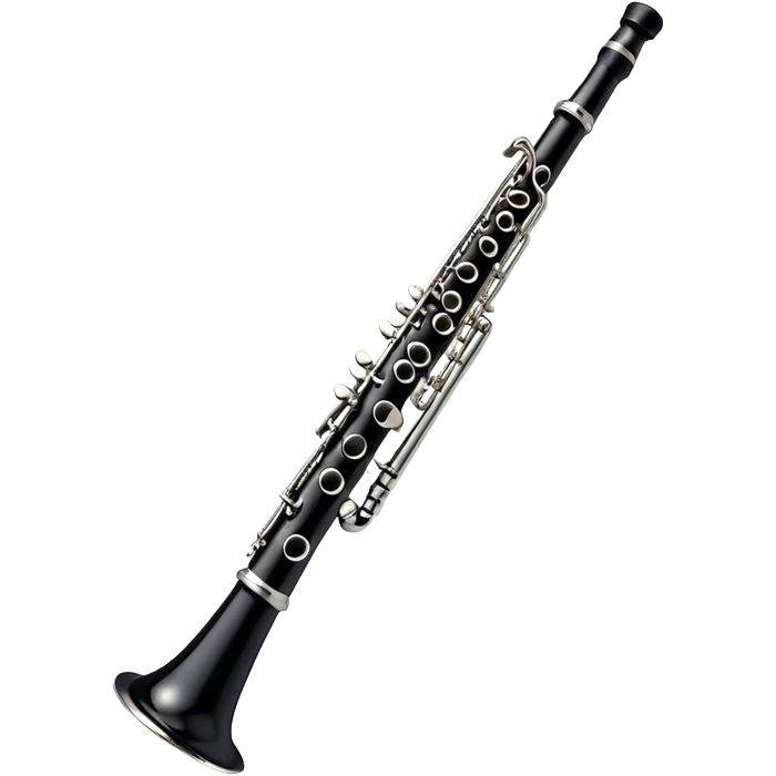 Create an emoji, representing a black standard clarinet. The design should feature a smooth, glossy black body of the clarinet with shiny, silver keys clearly visible. Highlight the intricate details of the mouthpiece and reed at the top, while the body of the instrument should remain simple and elegant. Add subtle musical notes or soundwaves floating around the instrument to symbolize its clear, melodic sound. Use black for the body, silver for the keys, and soft lighting effects to give the instrument a polished, sophisticated look. The background should be transparent. emoji
