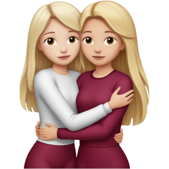 two girls who hug eachother. one has long dark blonde hair with blonde highlights and very pale skin , other has medium skintone and blush and medium blonde hair. girl with long dark blonde hair is wearing a white outfit and girl with blonde hair is wearing a burgundy outfit emoji