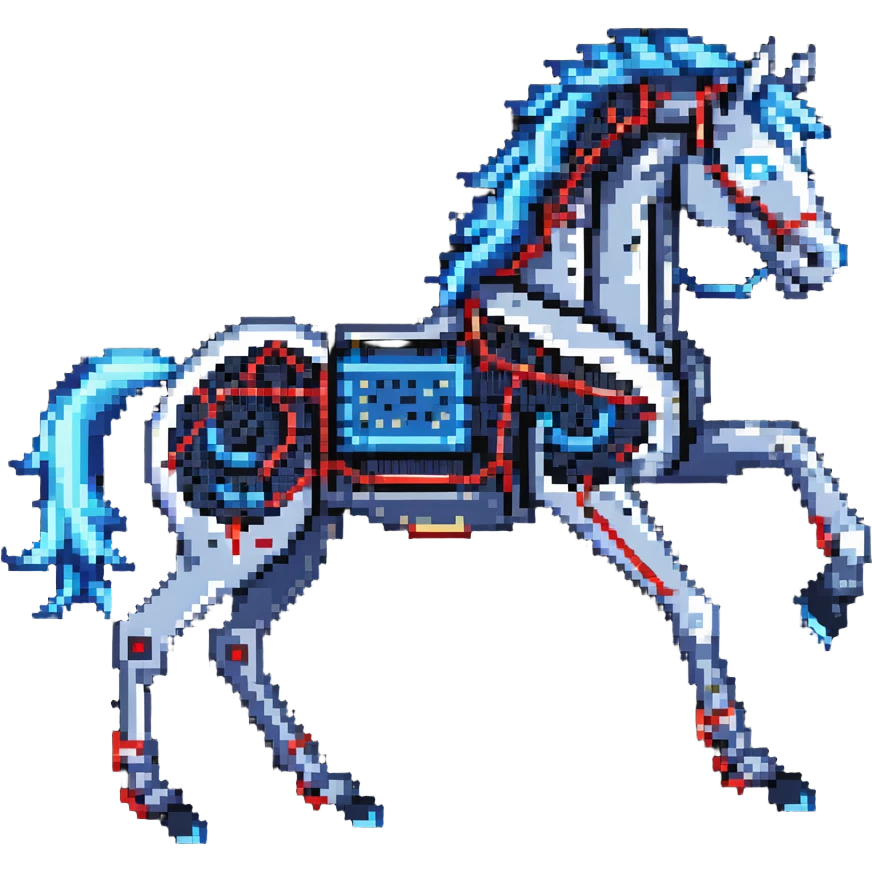 fast electric horse made of electricity, metal plates, bolts, visible blue and red wires, lightning coursing through its body, cybernetic emoji