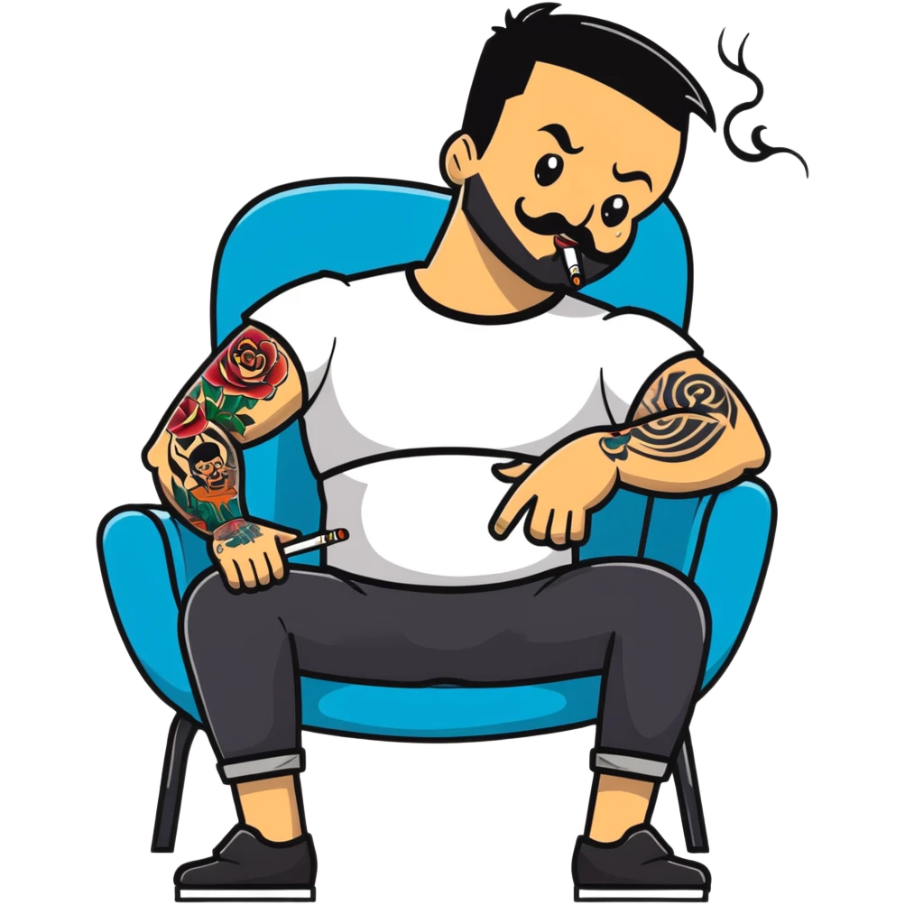 Heavy-set man leaning back in chair with legs spread showing tattooed left calf, smoking cigarette, exposed belly, round face, short black hair, well-groomed short beard with small mustache, black t-shirt with light stripes on top portion, sleeves rolled up, black shorts, arms and left calf decorated with matching black graphic tattoo patterns emoji