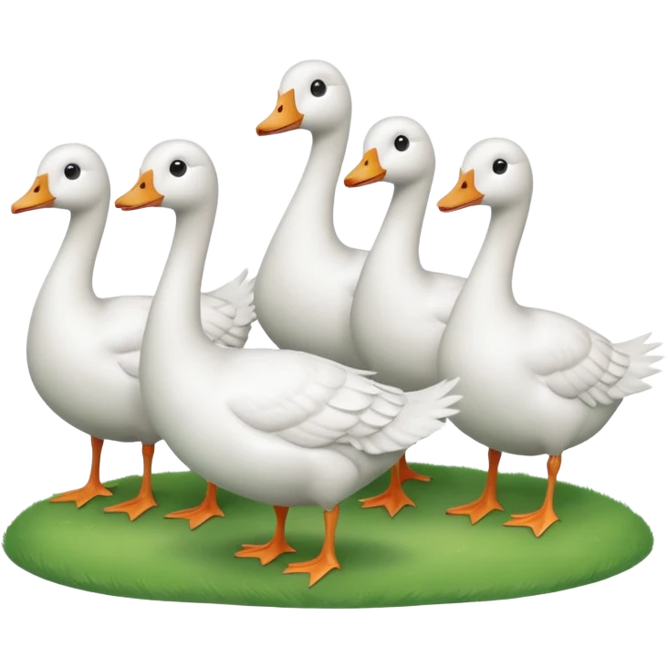 9 white geese standing on a green hill, front view, foggy emoji