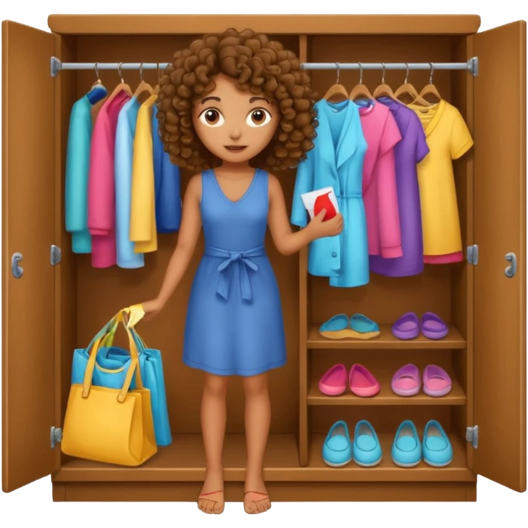brown girl with curly hair picking clothes from closet to get dressed emoji