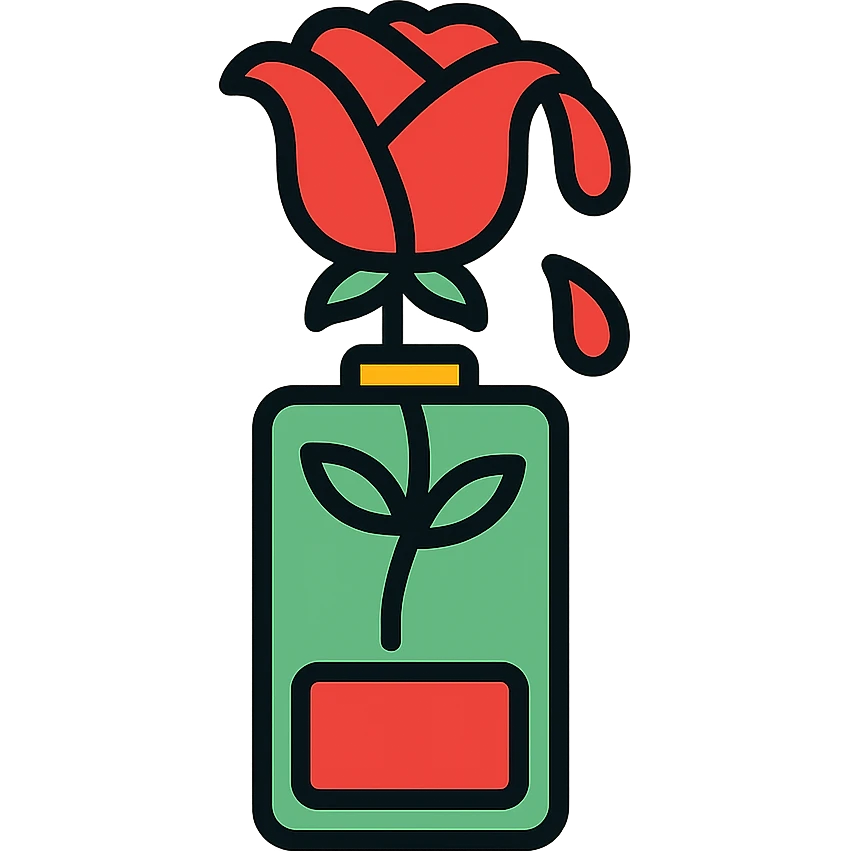 Battery shaped like a rose flower with wilting petals and low power indicator emoji