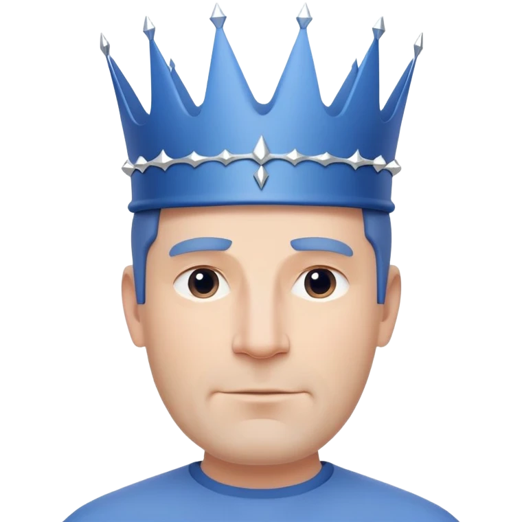 A friendly, clean-shaven middle-aged man wearing a large, plain blue crown bigger than his face. The crown has a wide base and small spikes, with no details or gems. Minimalist, modern style inspired by Apple aesthetics — clean lines, soft lighting, neutral background emoji