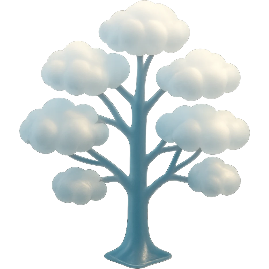 one tree with many branches and a white trunk, crown made of small very bright white fluffy convex clouds, matte glass style emoji