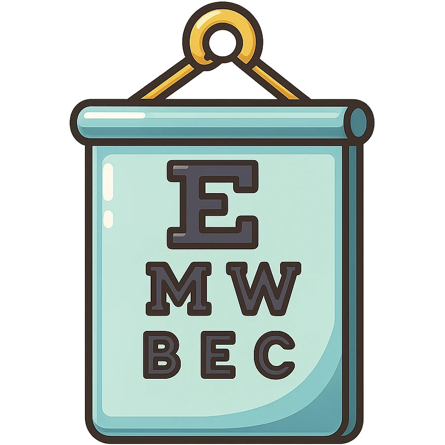 Make the Sivtsev eye chart icon even more three-dimensional with pronounced shadows and bright highlights. Keep the hanging loop, vector style, clean outlines, pastel palette, and transparent background. emoji
