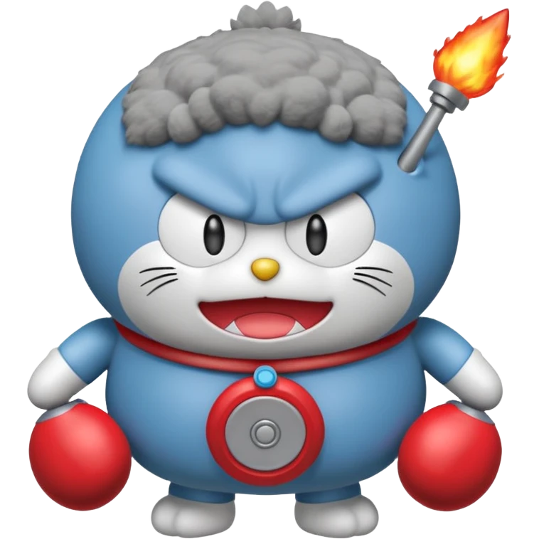 Red angry doraemon plush holding a nuke button emoji
