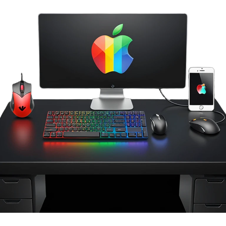 rgb gaming computer on black desk with a black keyboard and mouse emoji