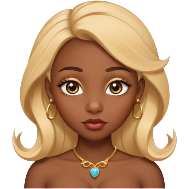 darkskin female with eyebrows that are naturally shaped and frame eyes well, eyes that are almond-shaped with defined lashes. nd lips are full with a defined cupid’s bow, add also a septum piercing that adds an edgy, stylish flair. a middle-part, honey blonde bust-down with laid baby hairs emoji
