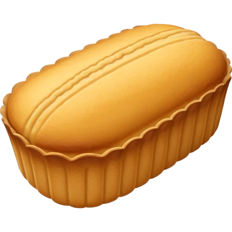 A madeleine pastry. Oval shaped with four to five vertical lines going in the same direction. Scalloped seashell shape. Light golden brown. Scalloped edge. Cookie. Flat. emoji