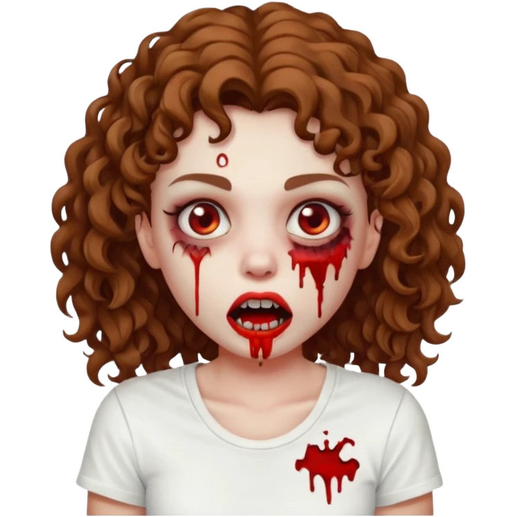 Zombie girl with curly brown hair como emoji de iphone y con la boca un poco lastimada haz que tenga una simple remera blanca puesta pero que sea zombie  emoji