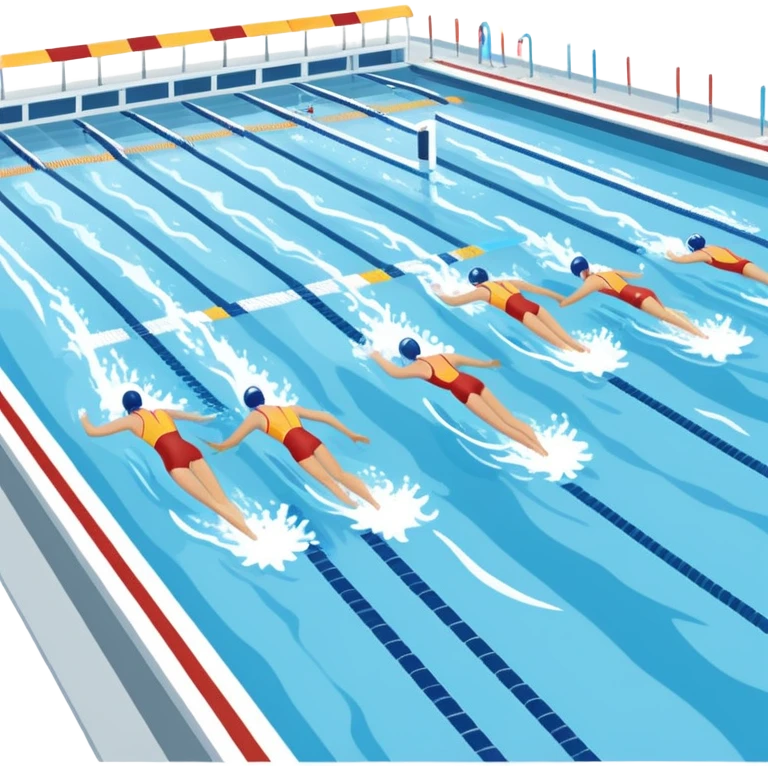 An icon featuring an Olympic swimming pool with multiple lanes and swimmers racing side by side. Splashes and lane dividers highlight the competition atmosphere. Transparent background emphasizes the energy, speed, and intensity of professional swimming events. emoji