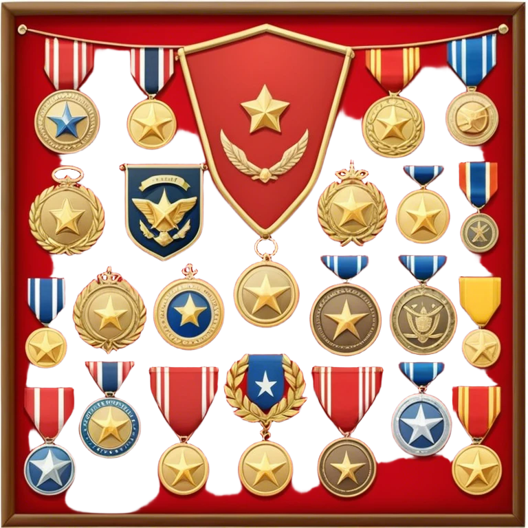Icon for Collecting Orders, Medals & Badges: a variety of vintage orders, medals and badges, displayed neatly on a big red pennant or in a display case. The icon should reflect the honor and historical significance of these collectible items. Transparent background. emoji