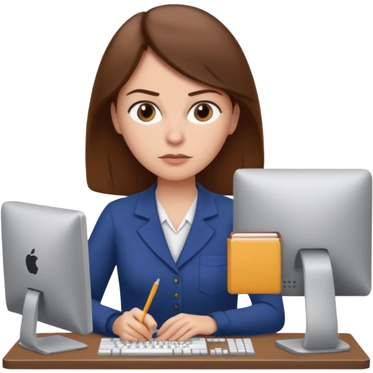 Uma mulher de cabelo castanho que é professora e um pouco brava a trabalhar no computador sem usar óculos emoji