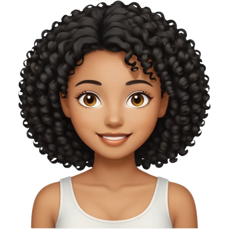 a young woman.She has voluminous, curly black hair that frames her face beautifully. Her skin tone is black light and glowing, and she has a subtle, natural makeup look. She’s smiling softly at the camera. She is wearing a white top emoji