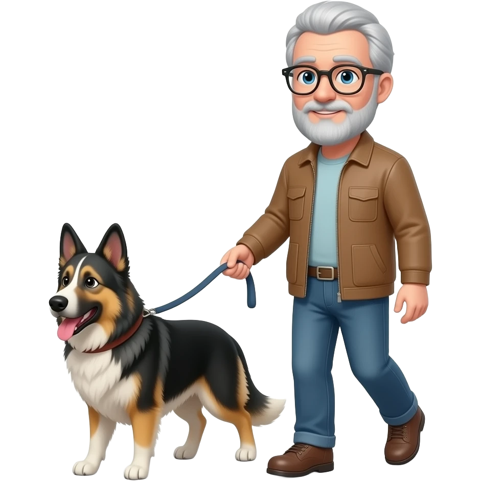 Emoji of an Older man with  gray hair beard and emoji glasses Man with blue eyes  walking shepski dog on a leash emoji
