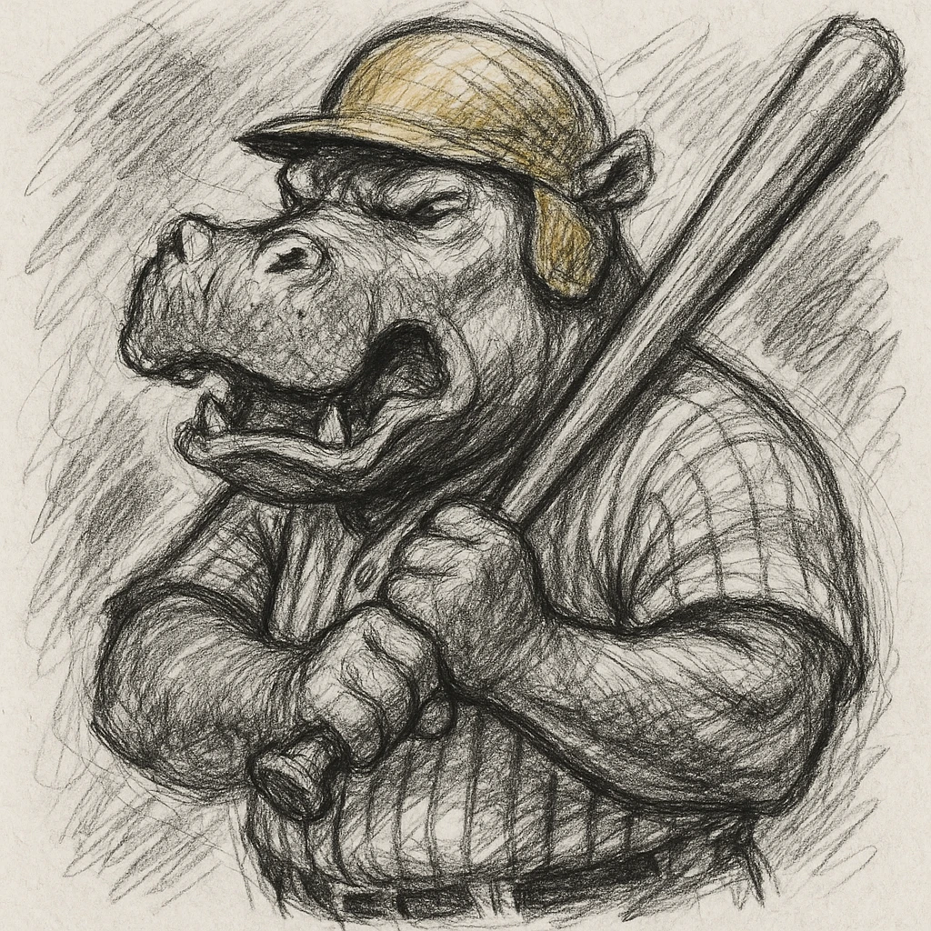 hippo holding a baseball bat, wearing a yellow helmet, pinstripes outfit emoji