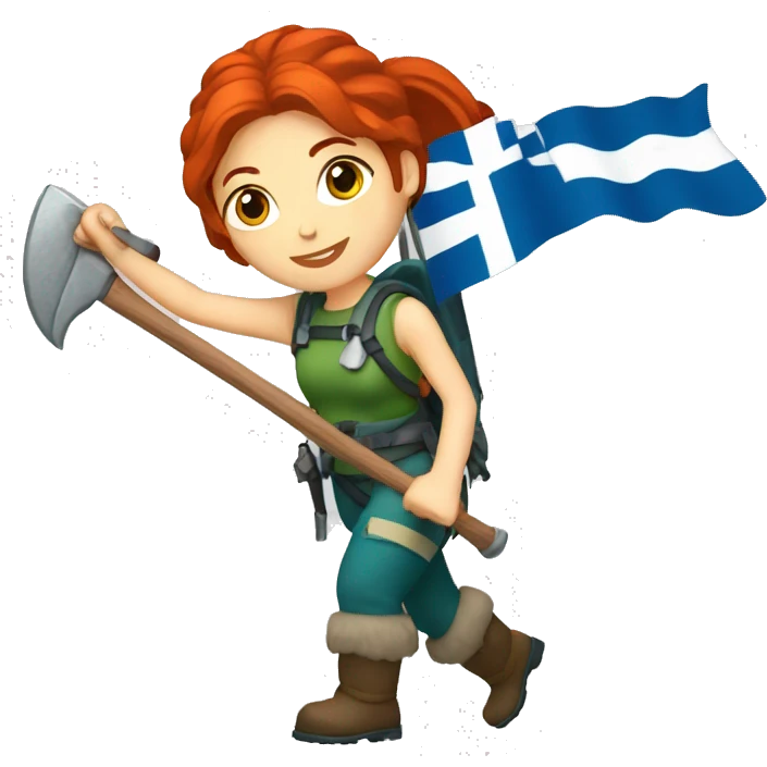 female mountaineer red hair holding ice axe and greek flag emoji