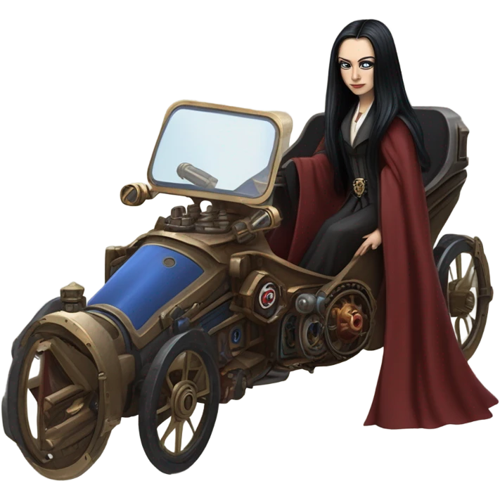 Jedi teen Morticia Addams flying a red and blue Zephyr-J  powered by an imperial speeder steampunked  emoji